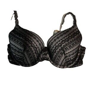Victoria's Secret Black Lace over Beige Lined Perfect Coverage Bra SZ 34D